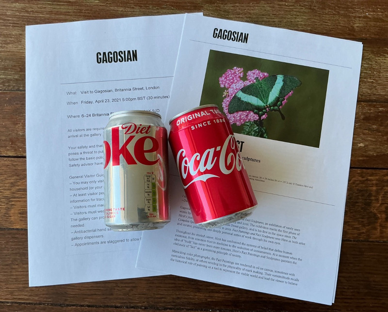 Damien Hirst SIGNED Coke & Diet Can Set Exhibition 2021 inc: Exhibition Ticket