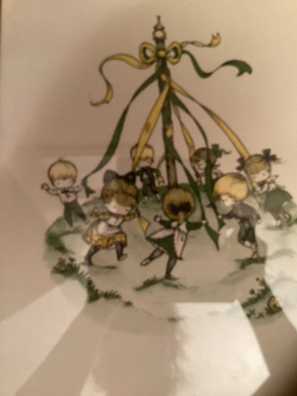 set of 3 framed prints of cartoon children under pinetree vintage May Pole, Gift gallery