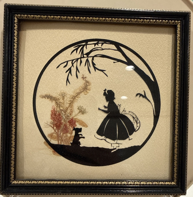 1930’s Silhouette Reverse Painting Girl Dog Tree Dried Flowers 6.75″ Square