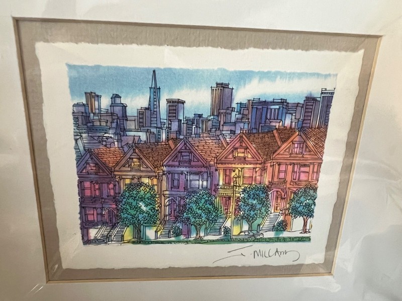 San Francisco Houses Skyline Watercolor Art Print Signed Matted color 10×8 NOS