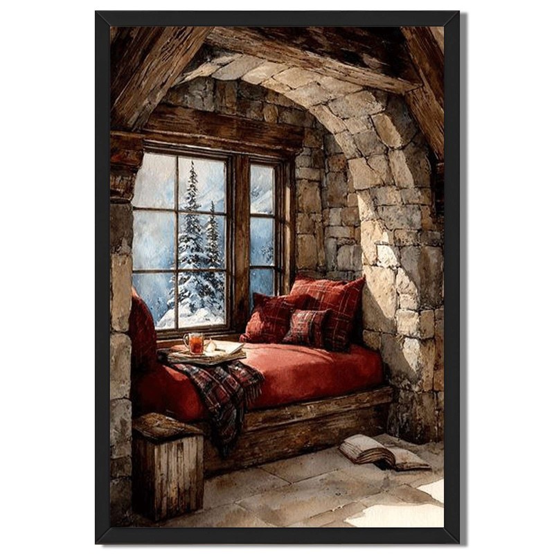 Cozy Mountain Cabin Window View Canvas Oil Paintings Reproduction