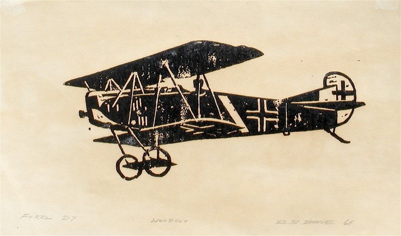 Robert Dance Signed Woodcut of World War I Airplane (II) Fokker D7