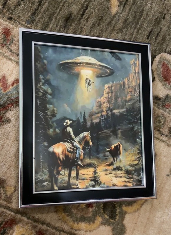 Alien UFO Abducting Cow Cowboy Western Art Print in Frame 11×9″