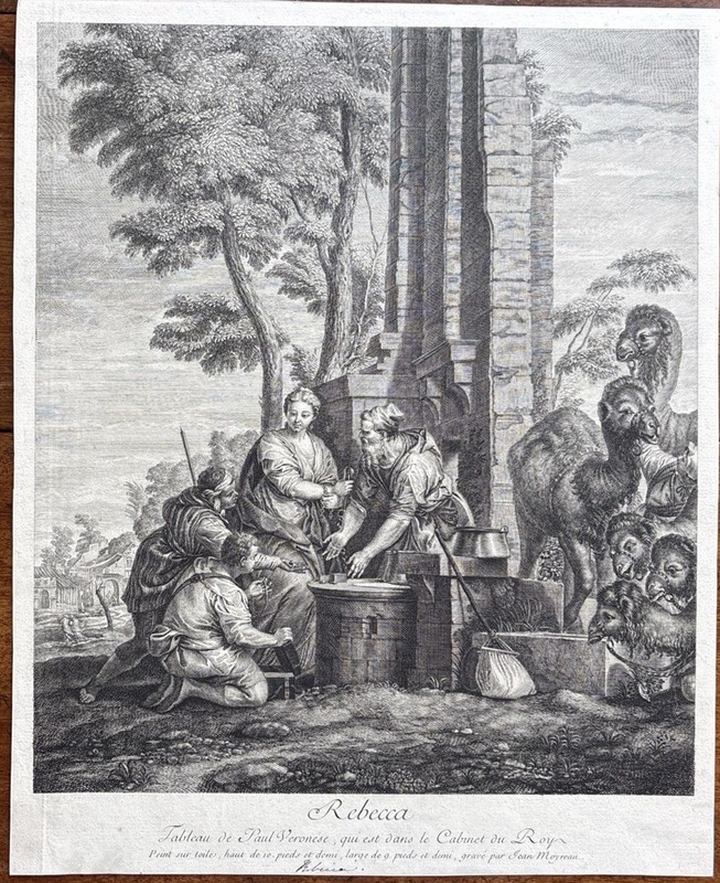 Antique biblical scene of Rebecca at the well Camel Engraving Jean Moyreau 1742
