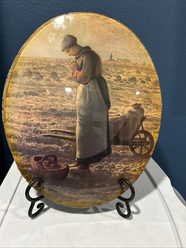 THE ANGELUS PRAYING FARMER WIFE CONVEX GLASS Jean-Francois Millet VINTAGE PRINT