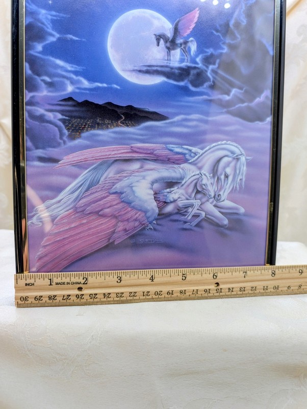Vintage 1980s Sue Dawe Pegasus Fantasy Art Print Framed Mythical Horse Moon 80s gallery