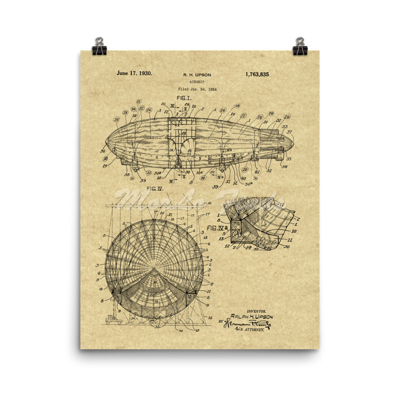 Airship 1924 Dirigible Vintage Aeronautical Patent Art Print Poster 8×10/16×20