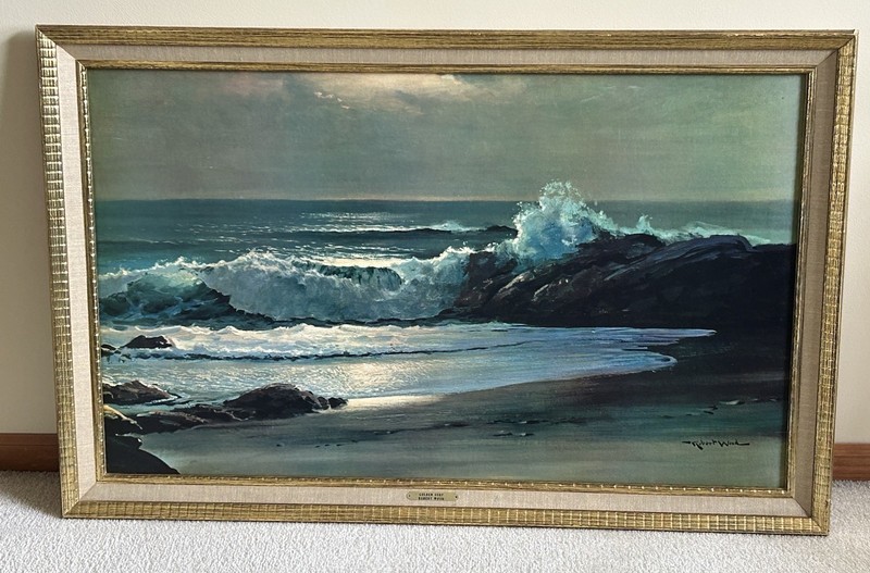 Vintage Robert Wood “Golden Surf” Painting On Print Lithograph Framed Large