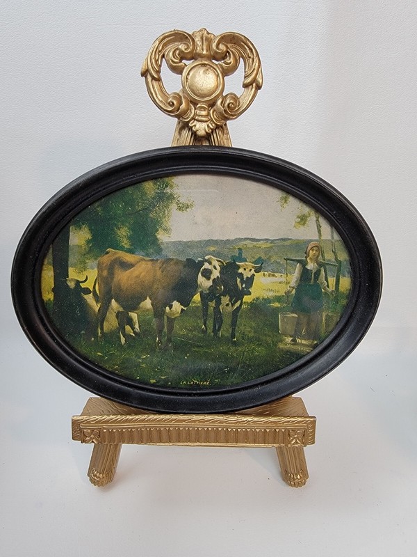 Antique Cows & Milk Maid Oval Framed Print By La Laitiere