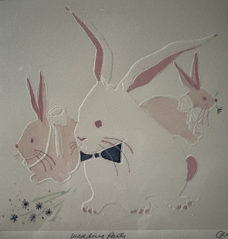 EMBOSSED ART Bunnies "Wedding Party" 8" Laguna Beach Sawdust Festival by Georgie gallery