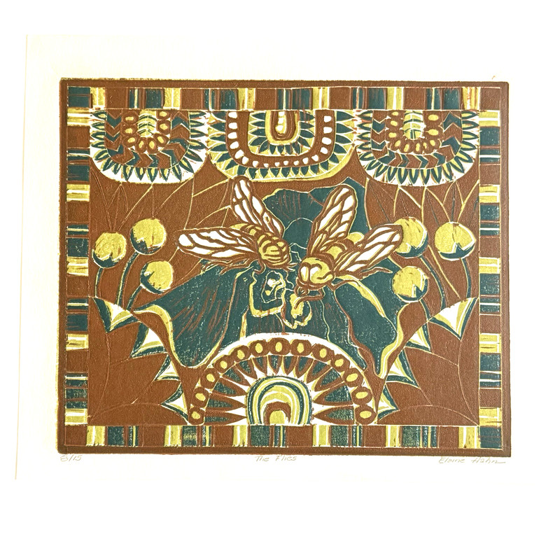 Original Print The Flies By Elaine Hahn Signed & Numbered 8/15 Maroon Navy Green