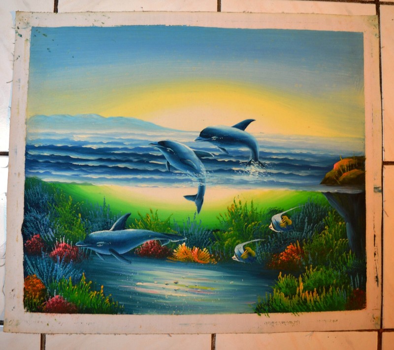 DOLPHIN TROPICAL FISH UNDERSEA CORAL REEF 24″ OIL PAINTING DECOR ART GIFT A27