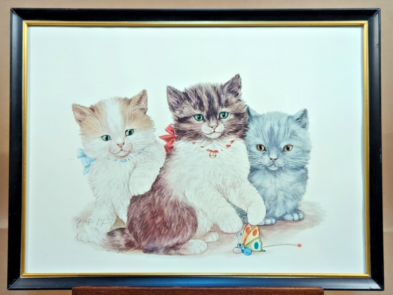 Vintage Three Kittens Cat Butterfly Art Print by Grace Lopez Framed Cottagecore