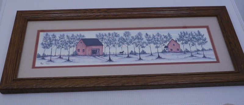M.B. FREY SIGNED & NUMBERED FRAMED PRINT OF FARM SCENE, HOUSE, BARN, TREES