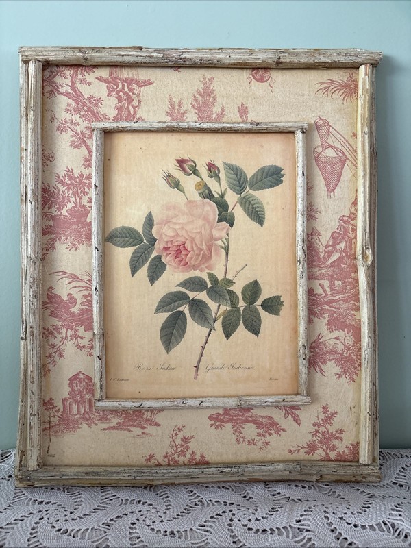 VTG Floral Pierre-Joseph Redouté Bamboo Framed Print Cottage French Core 17”X14”
