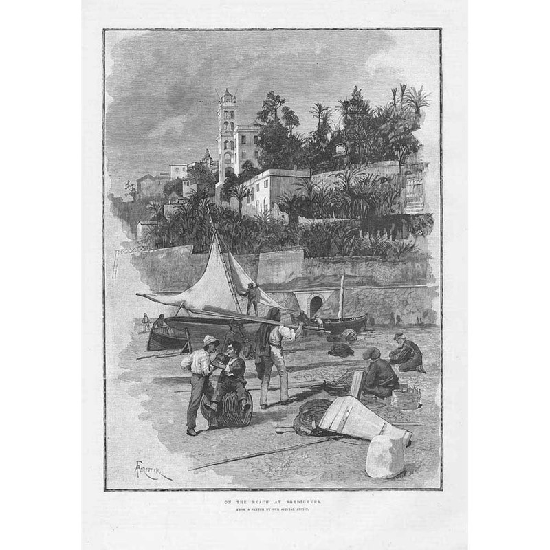 BORDIGHERA Scene on the Beach at the Italian Town - Antique Print 1888