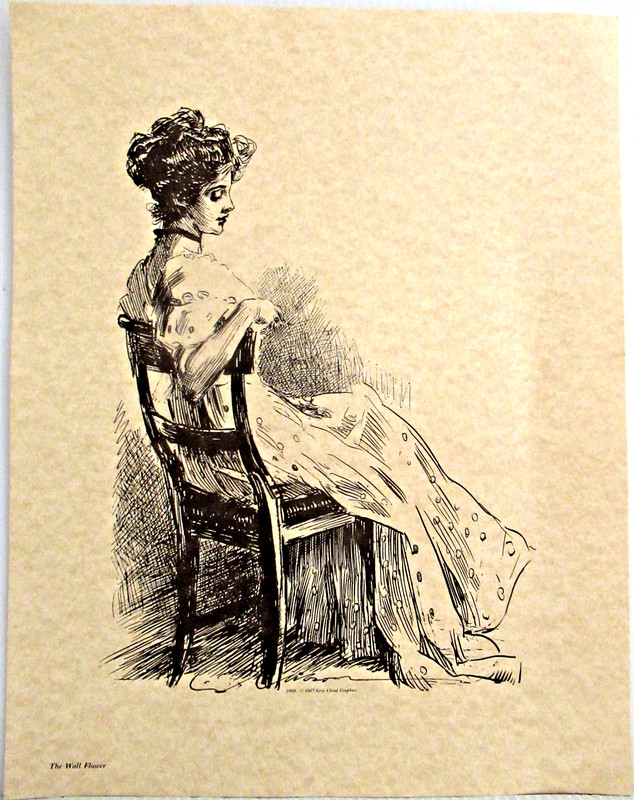 «THE WALL FLOWER» ~ (GIBSON GIRL) ~ ** 1909 PEN-AND-INK SKETCH – (11″ X 14″) **