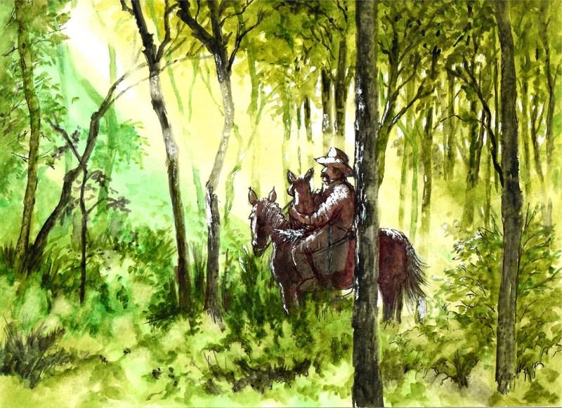 Cowboy In The Forest, Cowboy And Horse, Cowboy And Dog, Sunlight Art Print