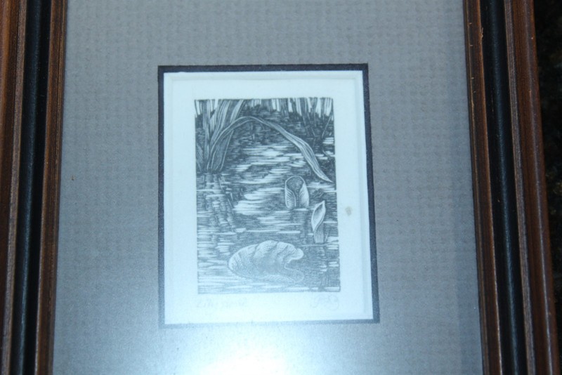 Vintage Block Prints - Door, Lily Pond, Kitchen Signed Framed Matted Lot of 3 gallery