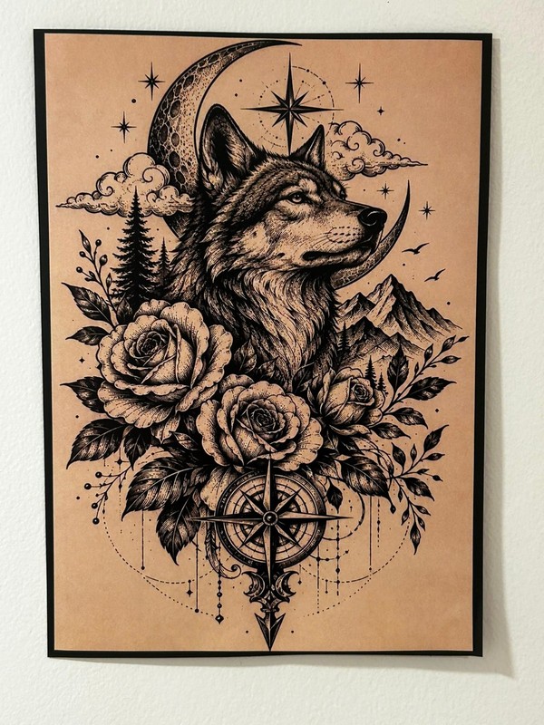 Wolf Compass A4 Art Print | Woodland Moon Gothic Dark Academia Wall Art Gift