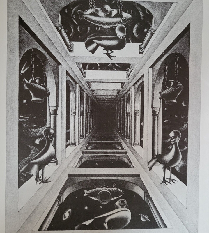 Standing Simurgh Bird OTHER WORLD Floating in Space 1946 M C Escher 11×7″ Print