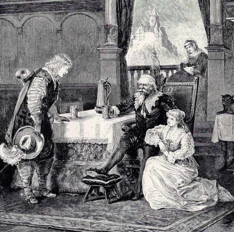 MEDIEVAL CASTLE HOME - Traveling Musician & Noble Lady 1892 Antique Engraving