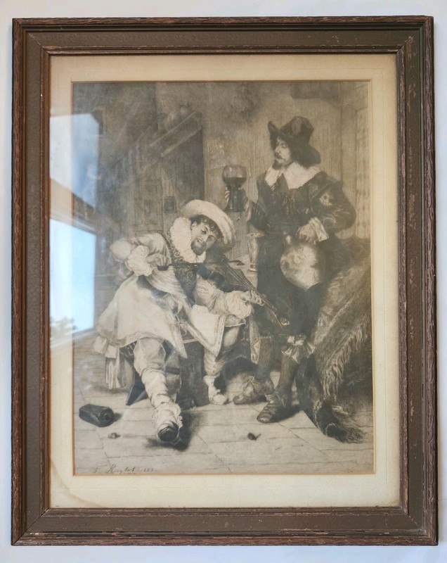 22″×18″ Antique 1883 F. Roybet Etching by J. Courtin – Tavern Musician Scene