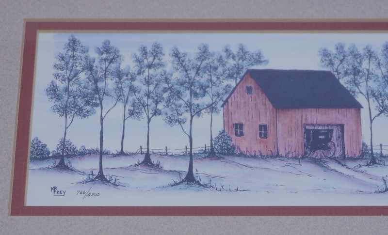 M.B. FREY SIGNED & NUMBERED FRAMED PRINT OF FARM SCENE, HOUSE, BARN, TREES gallery