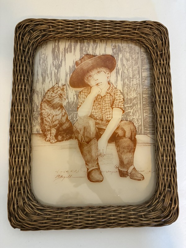 Rare Vintage Lucid Lines Reverse Print On Glass «Little Cowboy» Wicker Frame