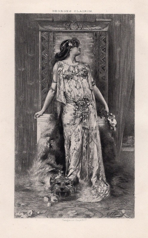 WOMAN – Dramatic Portrait Clarins Lions Head Rug Silk Gem 1894 Antique Engraving