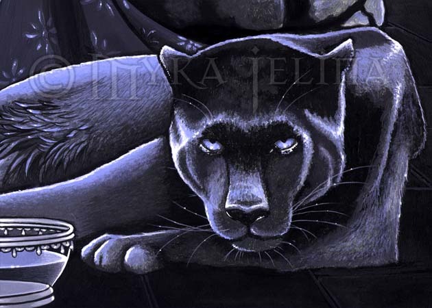Black Panther Blue Cat The Well Myka Jelina Signed CANVAS Embellished ACEO CU3