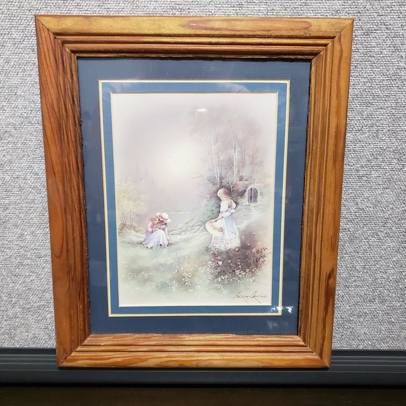 Andres Orpinas Wood Framed Glass Signed Art Print Two Girls in a meadow 12"x10"