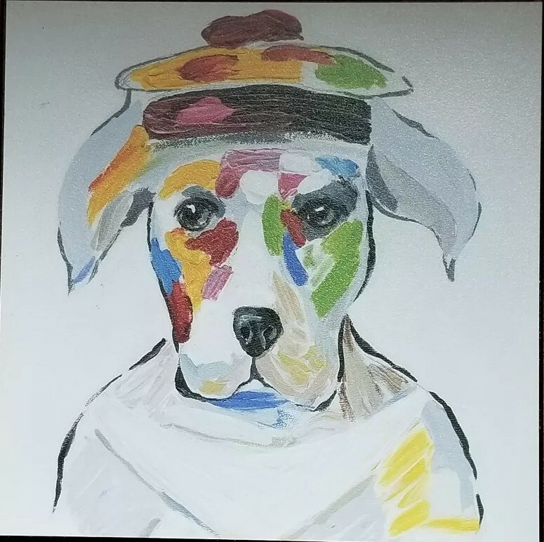 Dog Wearing Hat ~ Colorful Wood Painting ~ Wall Decor ~ Home Decor ~ 12 x 12