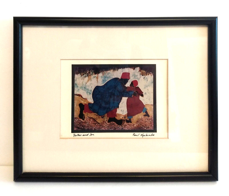 PAUL NZALAMBA Signed Matted Framed «Father and Son» 10.5×8.5 Batik Art Photo
