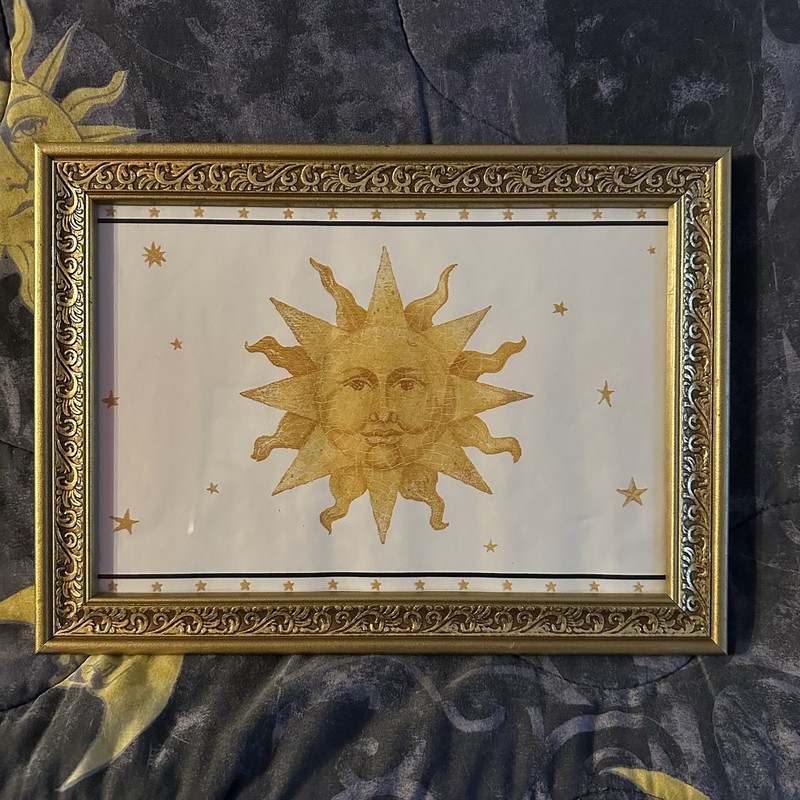 90s Vintage Celestial Sun Print Framed Wall Art 15×11 Gold Whimsygoth Moon Star