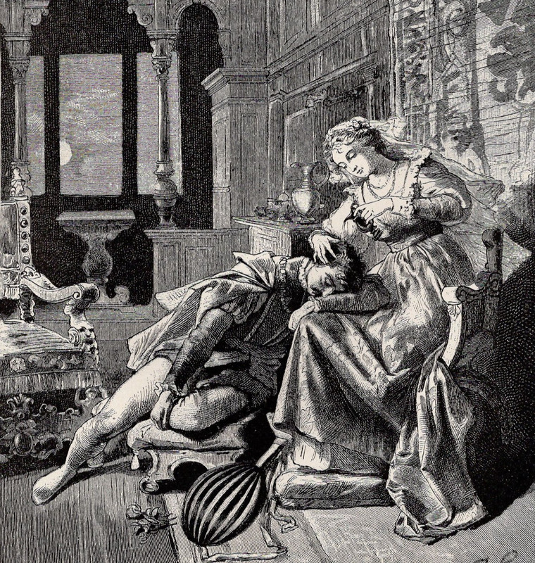 MEDIEVAL LOVE SCENE & PRINCESS -Romantic Moorish Palace 1892 Antique Engraving