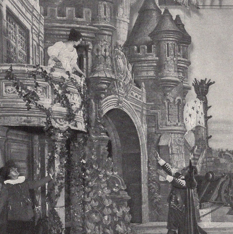 CYRANO – Castle Queen Musketeer Romantic Balcony Scene 1892 Antique Engraving