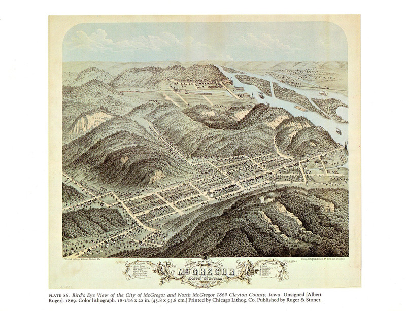 CITY 1976 Vintage Birds Eye View McGregor Iowa (1869)" Color Art Lithograph