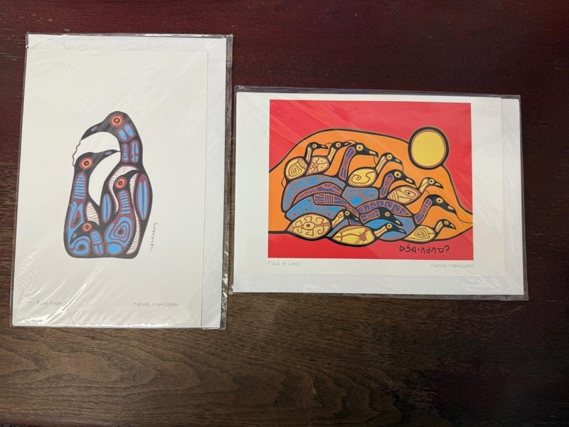 Two Prints/Cards by NORVAL MORRISSEAU, Bird Family, Flock of Loons, 9×6″