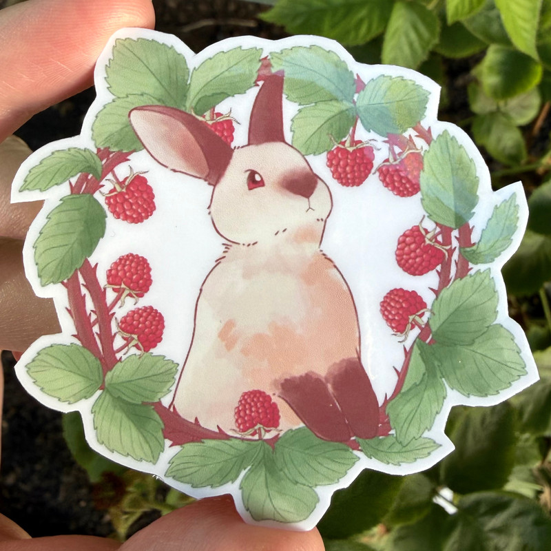 BUNDLE: Bramble Bunny Californian Rabbit Raspberry Wreath Art Print + Stickers gallery