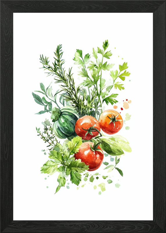Watercolor Tomatoes and Herbs Framed Wall Art Poster Canvas Print Picture