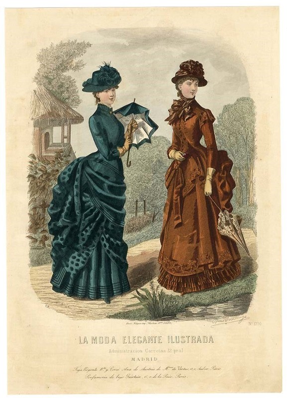 Victorian FASHION LADIES 1880's Large Hand Colored Print BUSTLES Anais Toudouze