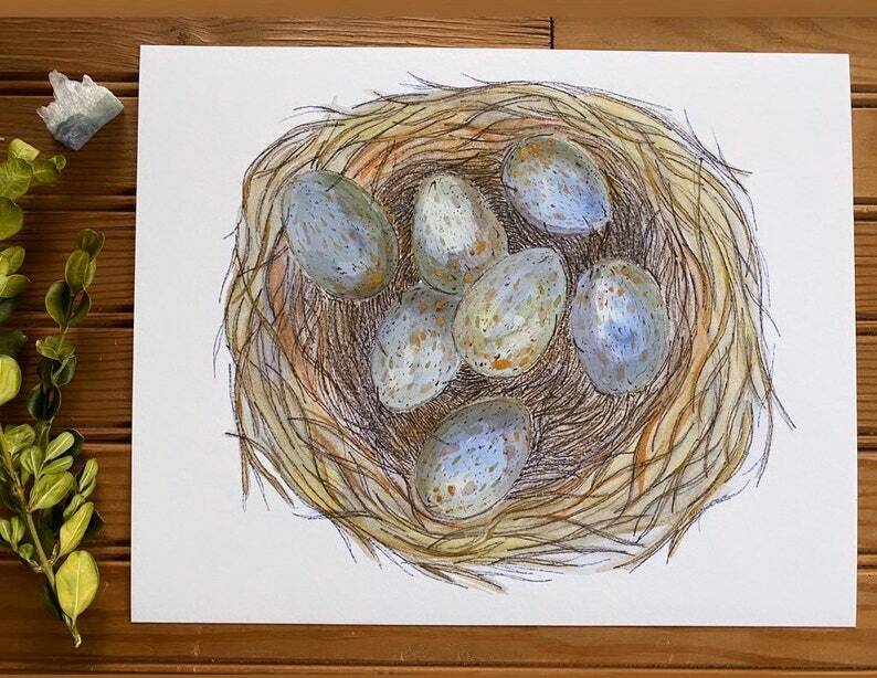 Bird Egg Nest Watercolor Illustration Art Print Whimsical Nature Painting NEW