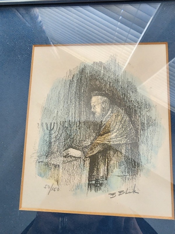 Vintage Signed B. Block Jewish Rabbi Scholar Menorah Etching Print 50/150