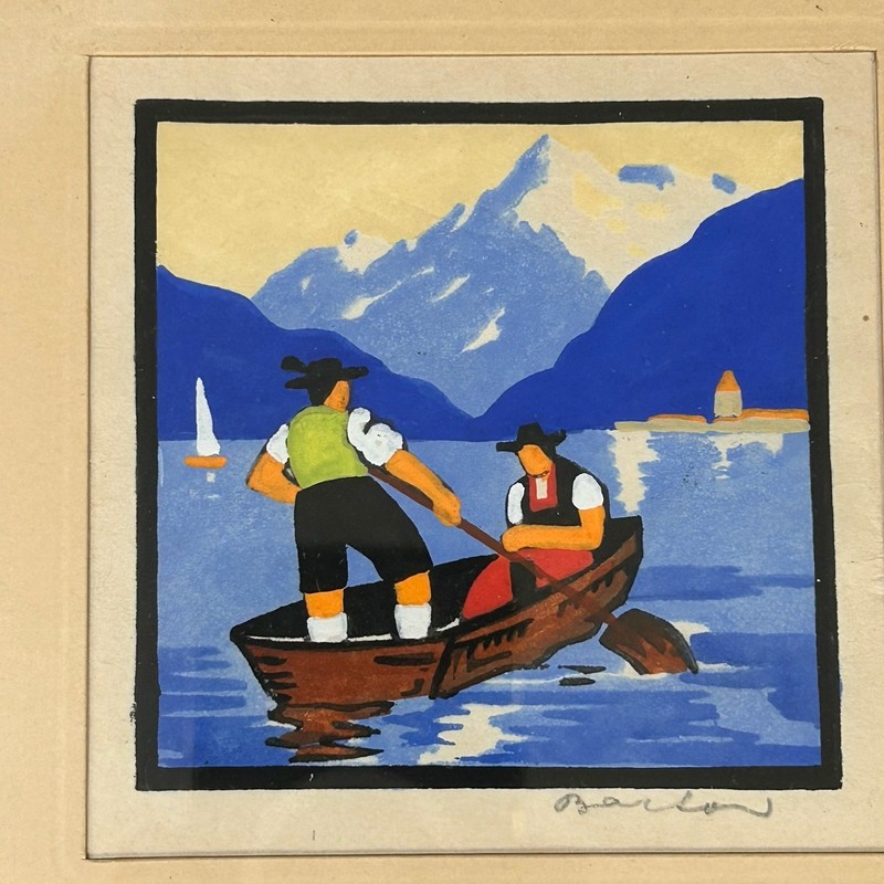 4 Antique Woodcut Paintings G. Barton Holiday Neighborly Talk Swiss Lake Set gallery