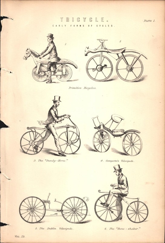 1891 EARLY BICYCLES antique engraving art print PRIMITIVE BIKES and VELOCIPEDES