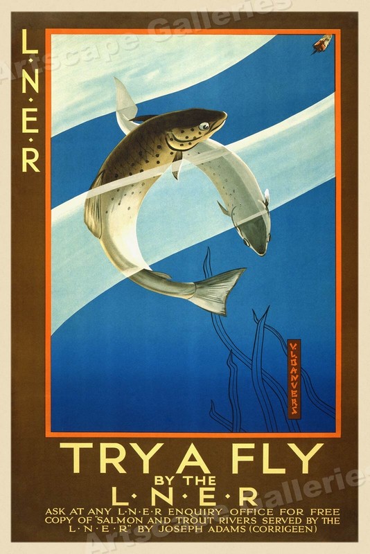 1930s Trout Fly Fishing Classic Vintage Style Travel Train Poster - 16x24