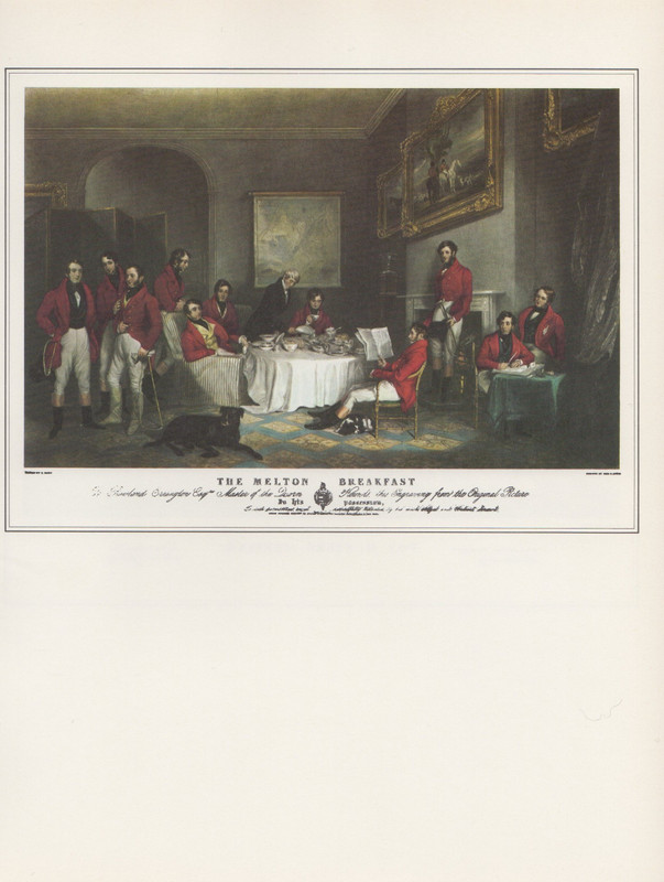 1974 Vintage HUNTING «MELTON BREAKFAST» AT NEW CLUB COLOR Art Print Lithograph