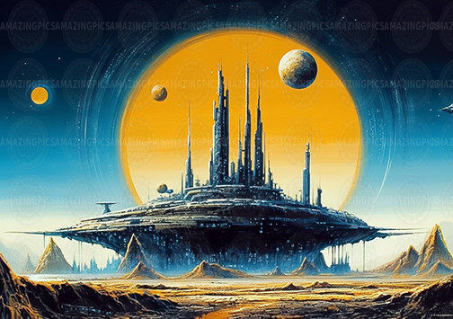 Retro Futuristic Sci-Fi City Art Print, Golden Planet Space Colony Pulp A67