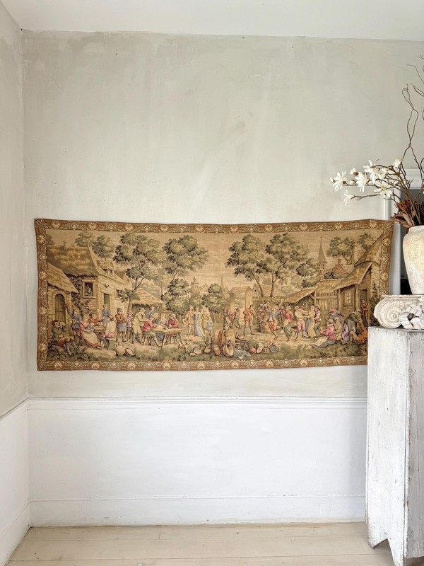 85x35 Antique French Tapestry Medieval Village Celebration Scene Verdure Landsc gallery